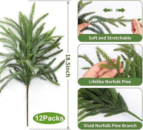 WKTRSM 12 Pcs Christmas Norfolk Pine Branches, Artificial Pine Branches Norfolk Pine Stems DIY Crafts Faux Christmas Greenery Stems for Xmas Indoor Outdoor Home Decor (18 Inches) in Saudi Arabia