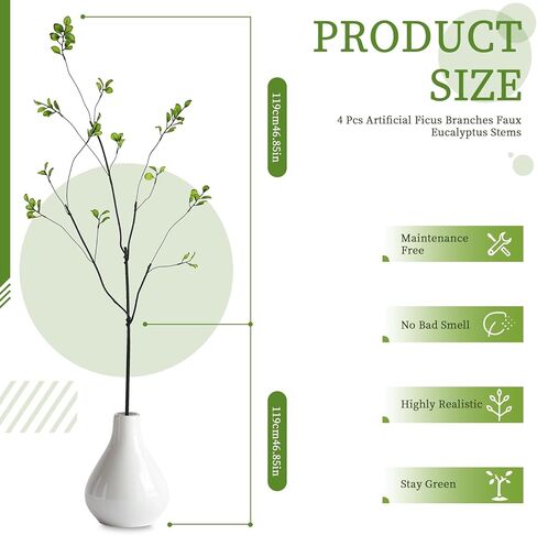 Gorqo 4 Pcs Faux Greenery Stems Branches for Vases, 47 Inch, 4-Way 12-Port Fake Ficus Twigs Stems and Branches for Vase, Realistic Ficus Branches Fake Eucalyptus Stems for Vase Fillers, Home Decor in Saudi Arabia
