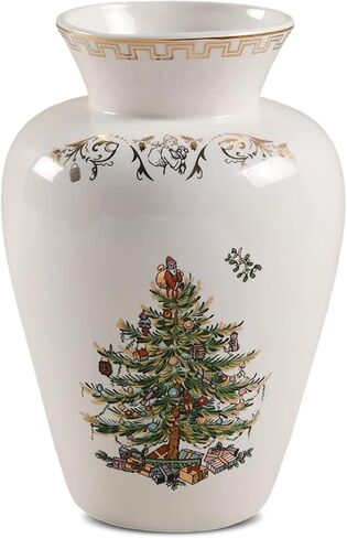 Spode Christmas Tree Gold Vase, Round Bouquet Shape with 22 Karat Gold Accents - 8" H x 5.5" L Porcelain Holiday Floral Holder for Centerpieces & Seasonal Table Décor - Elegant Housewarming Gift in Saudi Arabia