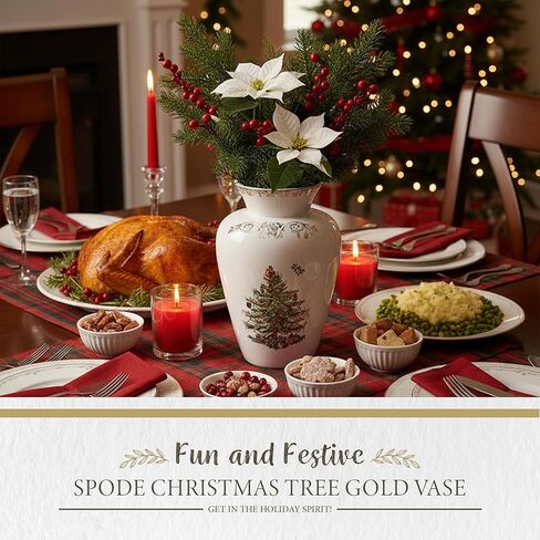 Spode Christmas Tree Gold Vase, Round Bouquet Shape with 22 Karat Gold Accents - 8" H x 5.5" L Porcelain Holiday Floral Holder for Centerpieces & Seasonal Table Décor - Elegant Housewarming Gift in Saudi Arabia