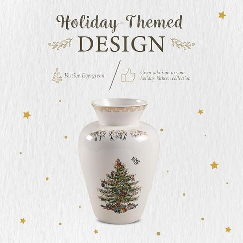 Spode Christmas Tree Gold Vase, Round Bouquet Shape with 22 Karat Gold Accents - 8" H x 5.5" L Porcelain Holiday Floral Holder for Centerpieces & Seasonal Table Décor - Elegant Housewarming Gift in Saudi Arabia