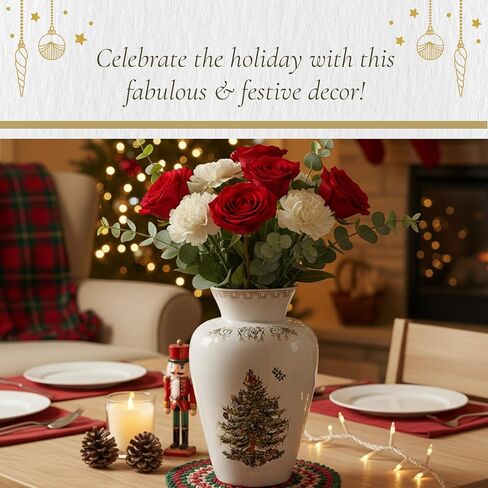 Spode Christmas Tree Gold Vase, Round Bouquet Shape with 22 Karat Gold Accents - 8" H x 5.5" L Porcelain Holiday Floral Holder for Centerpieces & Seasonal Table Décor - Elegant Housewarming Gift in Saudi Arabia