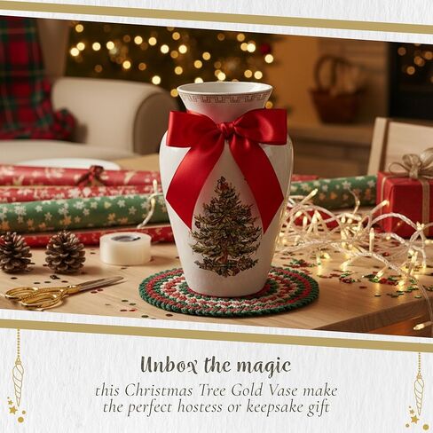 Spode Christmas Tree Gold Vase, Round Bouquet Shape with 22 Karat Gold Accents - 8" H x 5.5" L Porcelain Holiday Floral Holder for Centerpieces & Seasonal Table Décor - Elegant Housewarming Gift in Saudi Arabia
