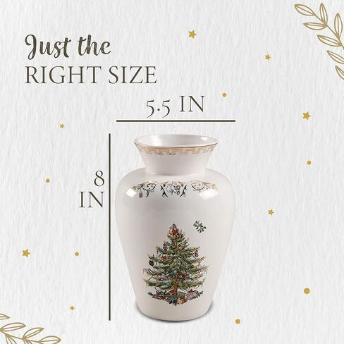 Spode Christmas Tree Gold Vase, Round Bouquet Shape with 22 Karat Gold Accents - 8" H x 5.5" L Porcelain Holiday Floral Holder for Centerpieces & Seasonal Table Décor - Elegant Housewarming Gift in Saudi Arabia