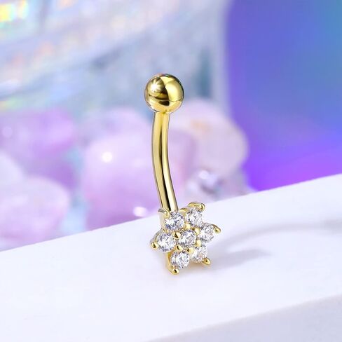 CM Crareesi Mania 14K Gold Belly Button Rings,14G Belly Piercing Jewelry Gold, 14K Solid Yellow Gold Belly Rings Flower Cute Navel Rings 10mm in Saudi Arabia