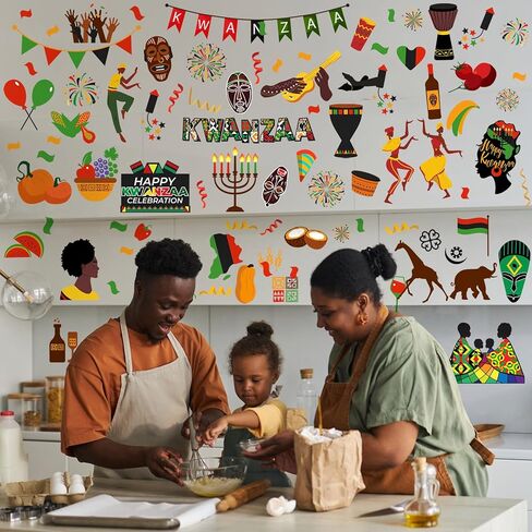 101 قطعة من ملصقات النوافذ Kwanzaa من Qeeenar، ملصقات لتزيين الجدران من Kwanzaa، ملصقات جدارية من شموع كينارا من الفينيل، شموع أمريكية أفريقية، ديكور حفلات العطلات، للفصول الدراسية المنزلية، 6 ورقات in Kuwait
