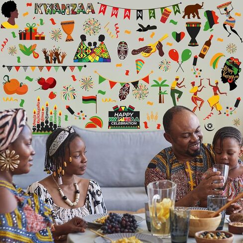 101 قطعة من ملصقات النوافذ Kwanzaa من Qeeenar، ملصقات لتزيين الجدران من Kwanzaa، ملصقات جدارية من شموع كينارا من الفينيل، شموع أمريكية أفريقية، ديكور حفلات العطلات، للفصول الدراسية المنزلية، 6 ورقات in Kuwait
