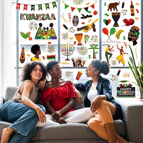 101 قطعة من ملصقات النوافذ Kwanzaa من Qeeenar، ملصقات لتزيين الجدران من Kwanzaa، ملصقات جدارية من شموع كينارا من الفينيل، شموع أمريكية أفريقية، ديكور حفلات العطلات، للفصول الدراسية المنزلية، 6 ورقات in Kuwait