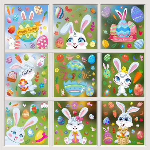Easter Decorations Window Clings,9 Sheets 94 PCS Double Sided Cute Large Bunny Eggs Happy Easter Window Clings for Glass Windows Door Kitchen Bathroom Spring Decals Stickers for Kids Home Holiday in Saudi Arabia