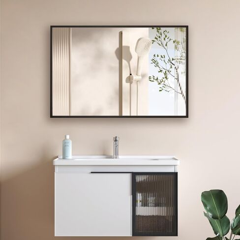 مرآة حمام بإطار معدني أسود من miroro مقاس 76.2 سم طولًا × 55.88 سم عرضًا للجدار، مرآة مستطيلة بزاوية قائمة مضادة للصدأ، زجاج مقسى، يتم تعليقها أفقيًا أو رأسيًا in Saudi Arabia