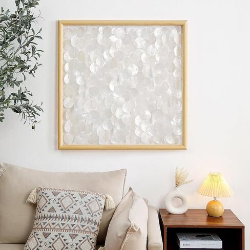 DHHOUSE 24x24 inch Handmade Capiz Shell Wall Art, Minimalist White Shell Wall Hanging with Wooden Frame, Coastal Wall Decor for Living Room, Bedroom in Saudi Arabia