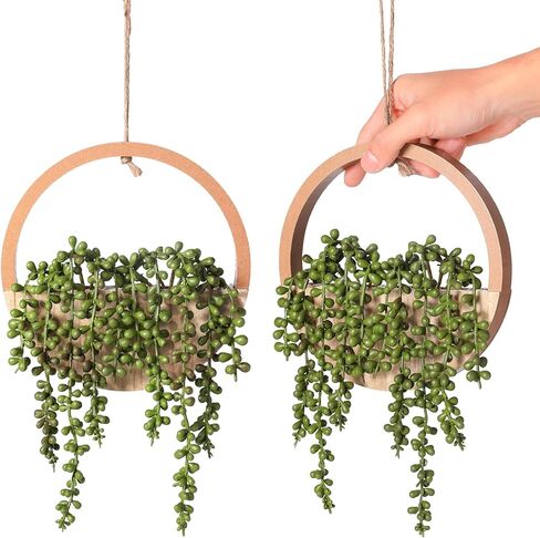 JUSTOYOU 2 قطعة نباتات معلقة وهمية عصارية صناعية خشبية معلقة زارع سلسلة اصطناعية من اللؤلؤ مع وعاء وحبل لغرفة المعيشة والحمام الداخلي والخارجي ديكور جدار بوهو in Kuwait
