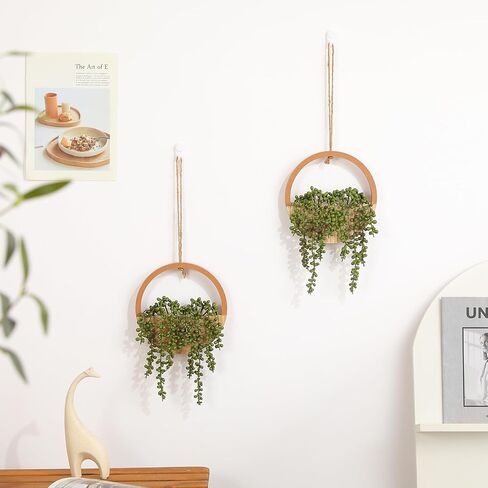 JUSTOYOU 2 قطعة نباتات معلقة وهمية عصارية صناعية خشبية معلقة زارع سلسلة اصطناعية من اللؤلؤ مع وعاء وحبل لغرفة المعيشة والحمام الداخلي والخارجي ديكور جدار بوهو in Kuwait