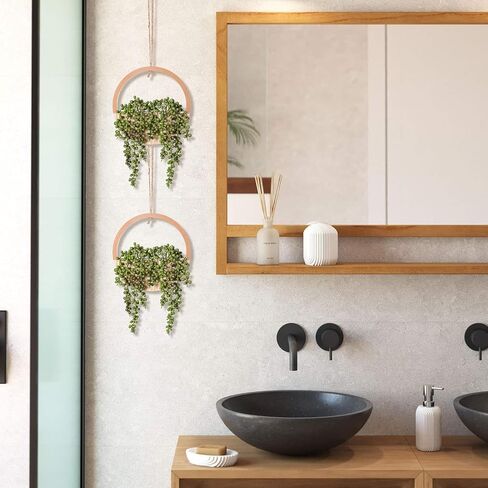 JUSTOYOU 2 قطعة نباتات معلقة وهمية عصارية صناعية خشبية معلقة زارع سلسلة اصطناعية من اللؤلؤ مع وعاء وحبل لغرفة المعيشة والحمام الداخلي والخارجي ديكور جدار بوهو in Kuwait