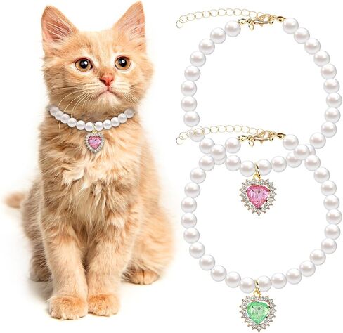 2pcs Cute Girl Cat Collar, Fancy Dog Pearl Necklace Collar Adjustable Pearl Dog Cat Collar with Small Heart Shape Rhinestone for Small Dogs and Cats, Pink Heart + White Heart in Kuwait