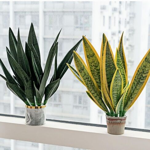 Artificial Snake Plants,Faux Snake Plant 14" Tropical Fake Plants Mini Tongue Plant for Home, Office & Garden Décor,Without Vase (4pcs) (Yellow-Green) in Saudi Arabia