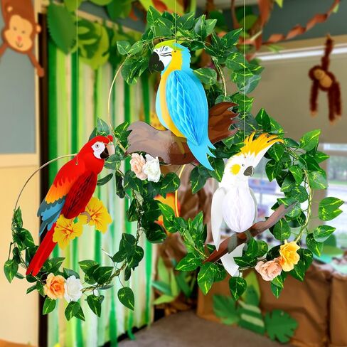 Gueevin 3 Set Tropical Bird Decorations Tropical Birds Honeycomb Parrot Beach Luau Tiki Bar Summer Party Decor with Artificial Vines Flowers for Jungle Theme Rainforest Birthday Home Hanging Decor in Saudi Arabia