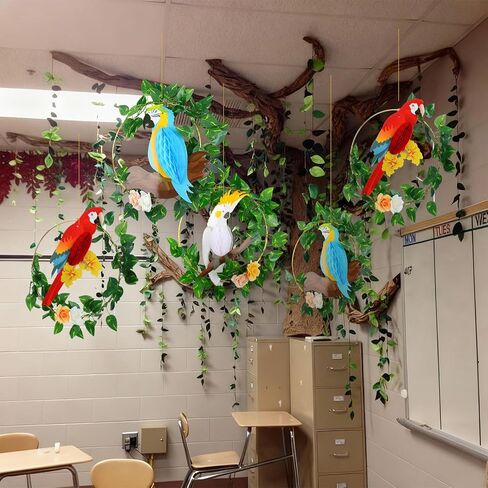 Gueevin 3 Set Tropical Bird Decorations Tropical Birds Honeycomb Parrot Beach Luau Tiki Bar Summer Party Decor with Artificial Vines Flowers for Jungle Theme Rainforest Birthday Home Hanging Decor in Saudi Arabia