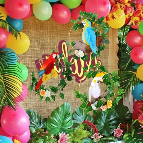 Gueevin 3 Set Tropical Bird Decorations Tropical Birds Honeycomb Parrot Beach Luau Tiki Bar Summer Party Decor with Artificial Vines Flowers for Jungle Theme Rainforest Birthday Home Hanging Decor in Saudi Arabia