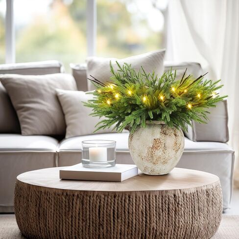 Moucuny 30 Pcs Christmas Norfolk Pine Branches with Lights 18" 24 Artificial Norfolk Stems Branches 6 Lighted Stems for Vases Xmas DIY Garland Wreath Home Centerpiece Table Decorations in Saudi Arabia
