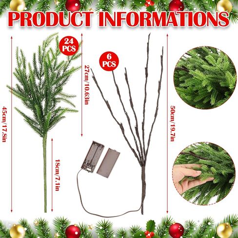 Moucuny 30 Pcs Christmas Norfolk Pine Branches with Lights 18" 24 Artificial Norfolk Stems Branches 6 Lighted Stems for Vases Xmas DIY Garland Wreath Home Centerpiece Table Decorations in Saudi Arabia