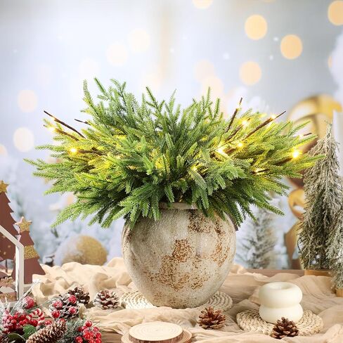 Moucuny 30 Pcs Christmas Norfolk Pine Branches with Lights 18" 24 Artificial Norfolk Stems Branches 6 Lighted Stems for Vases Xmas DIY Garland Wreath Home Centerpiece Table Decorations in Saudi Arabia