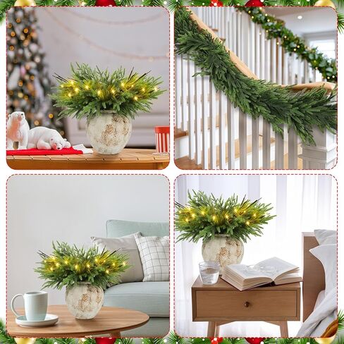 Moucuny 30 Pcs Christmas Norfolk Pine Branches with Lights 18" 24 Artificial Norfolk Stems Branches 6 Lighted Stems for Vases Xmas DIY Garland Wreath Home Centerpiece Table Decorations in Saudi Arabia