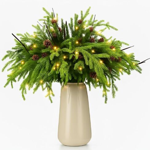 Moucuny 30 Pcs Christmas Norfolk Pine Branches with Lights 18" 24 Artificial Norfolk Stems Branches 6 Lighted Stems for Vases Xmas DIY Garland Wreath Home Centerpiece Table Decorations in Saudi Arabia