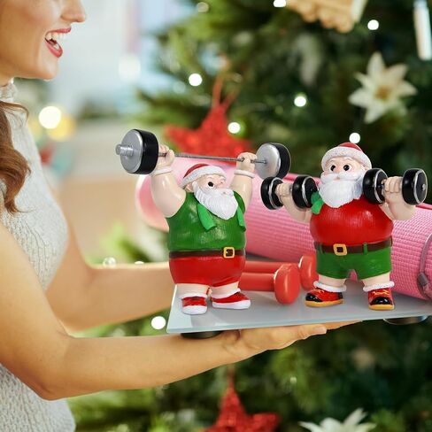 snaxuda Christmas Figurines, 2pcs Santa Claus Weightlifter Dumbbell Ornaments Bodybuilder Ornament Resin Santa Figurines for Xmas Decoration Christmas Party Supplies in Saudi Arabia