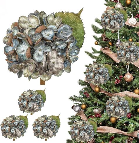 Hollyone 3Pcs Christmas Flowers Artificial Hydrangea Flowers with Stems 23inch Glitter Fake Hydrangea Flower Blue Floral Arrangements Bouquets Xmas Faux Hydrangea Wedding Party Christmas Home Decor in Saudi Arabia