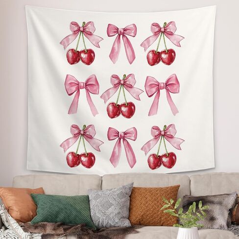 Coquette Pink Bow Cherry Tapestry Wall Hanging,Coquette Preppy Cherry Room Wall Decor, Pink Girly Aesthetic Wall Blanket Decor for Bedroom Dorm,50x60 Inch in Saudi Arabia