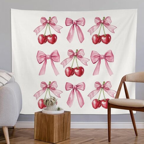 Coquette Pink Bow Cherry Tapestry Wall Hanging,Coquette Preppy Cherry Room Wall Decor, Pink Girly Aesthetic Wall Blanket Decor for Bedroom Dorm,50x60 Inch in Saudi Arabia