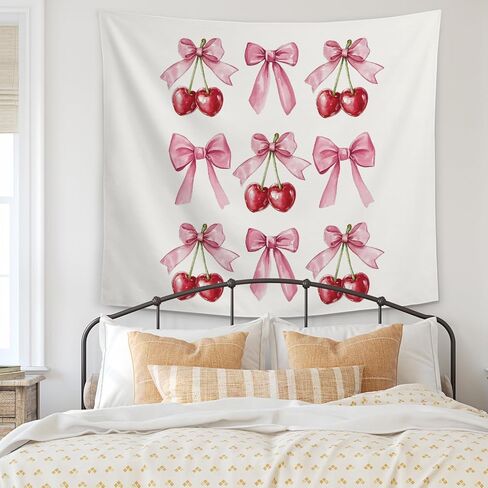 Coquette Pink Bow Cherry Tapestry Wall Hanging,Coquette Preppy Cherry Room Wall Decor, Pink Girly Aesthetic Wall Blanket Decor for Bedroom Dorm,50x60 Inch in Saudi Arabia