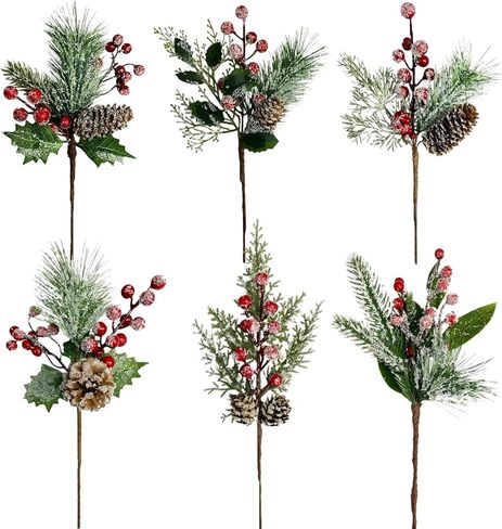 Wevmris عيد الميلاد الصنوبر يختار لتزيين شجرة - الخضرة الاصطناعية ينبع مع التوت الأحمر، مخاريط الصنوبر وأوراق هولي للحرف اليدوية DIY، ترتيبات الزهور، اكاليل الزهور، وزينة عطلة الشتاء (16) in Kuwait