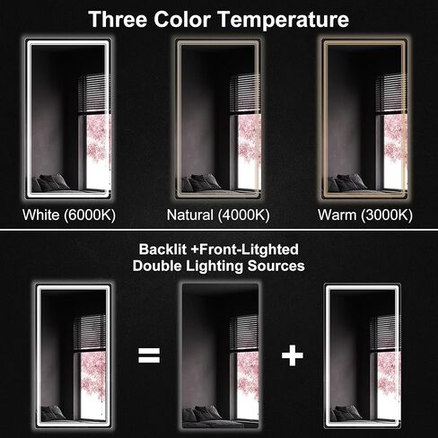 مرآة حمام LED مقاس 27 × 55 من FORTENY مع أضواء، مضادة للضباب، قابلة للتعتيم، مرآة زينة للحمام مضاءة للجدار، معتمدة من UL in Kuwait
