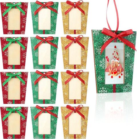 Blulu 12 Pieces Christmas Tree Frames Wooden Present Box Picture Frame 3 Colors Ornaments Photo Frame Mini Hanging Xmas Ornament in Saudi Arabia