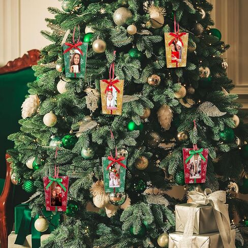 Blulu 12 Pieces Christmas Tree Frames Wooden Present Box Picture Frame 3 Colors Ornaments Photo Frame Mini Hanging Xmas Ornament in Saudi Arabia