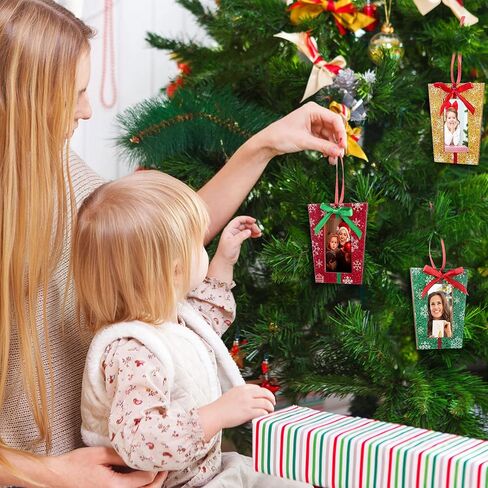 Blulu 12 Pieces Christmas Tree Frames Wooden Present Box Picture Frame 3 Colors Ornaments Photo Frame Mini Hanging Xmas Ornament in Saudi Arabia
