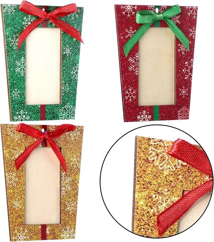 Blulu 12 Pieces Christmas Tree Frames Wooden Present Box Picture Frame 3 Colors Ornaments Photo Frame Mini Hanging Xmas Ornament in Saudi Arabia