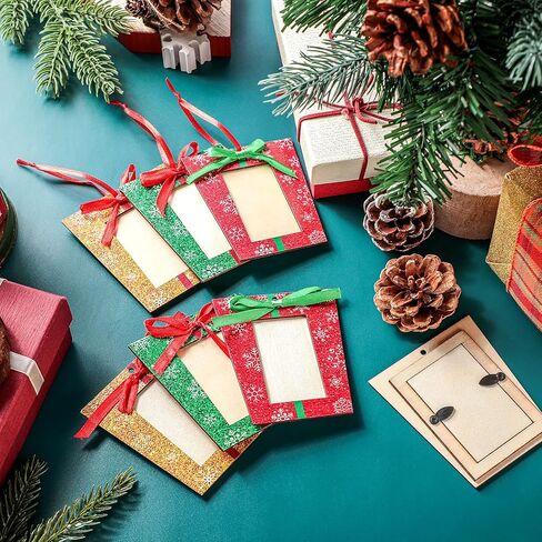 Blulu 12 Pieces Christmas Tree Frames Wooden Present Box Picture Frame 3 Colors Ornaments Photo Frame Mini Hanging Xmas Ornament in Saudi Arabia
