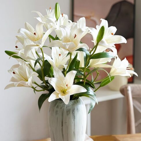ASTRYAS 18 Heads Artifical Tiger Lily Flowers, Long Stem Fake Faux Lilies Flowers Bouquet, Real Touch White Lily Bouquet for Home Hotel Flower Arrangement Party Decor Cemetery(2Packs, White) in Saudi Arabia