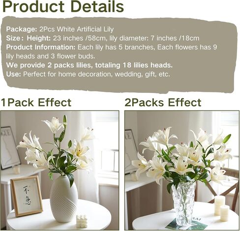 ASTRYAS 18 Heads Artifical Tiger Lily Flowers, Long Stem Fake Faux Lilies Flowers Bouquet, Real Touch White Lily Bouquet for Home Hotel Flower Arrangement Party Decor Cemetery(2Packs, White) in Saudi Arabia