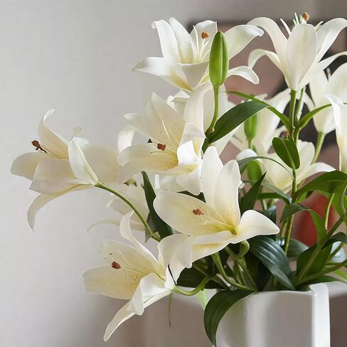ASTRYAS 18 Heads Artifical Tiger Lily Flowers, Long Stem Fake Faux Lilies Flowers Bouquet, Real Touch White Lily Bouquet for Home Hotel Flower Arrangement Party Decor Cemetery(2Packs, White) in Saudi Arabia