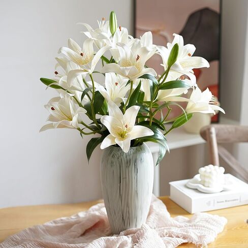 ASTRYAS 18 Heads Artifical Tiger Lily Flowers, Long Stem Fake Faux Lilies Flowers Bouquet, Real Touch White Lily Bouquet for Home Hotel Flower Arrangement Party Decor Cemetery(2Packs, White) in Saudi Arabia