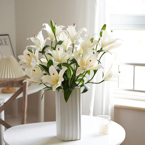 ASTRYAS 18 Heads Artifical Tiger Lily Flowers, Long Stem Fake Faux Lilies Flowers Bouquet, Real Touch White Lily Bouquet for Home Hotel Flower Arrangement Party Decor Cemetery(2Packs, White) in Saudi Arabia