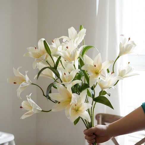 ASTRYAS 18 Heads Artifical Tiger Lily Flowers, Long Stem Fake Faux Lilies Flowers Bouquet, Real Touch White Lily Bouquet for Home Hotel Flower Arrangement Party Decor Cemetery(2Packs, White) in Saudi Arabia