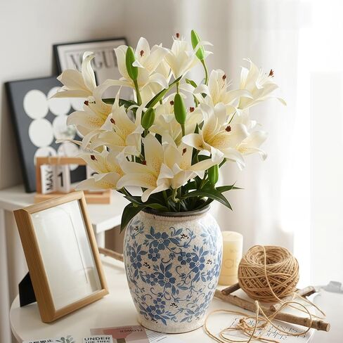 ASTRYAS 18 Heads Artifical Tiger Lily Flowers, Long Stem Fake Faux Lilies Flowers Bouquet, Real Touch White Lily Bouquet for Home Hotel Flower Arrangement Party Decor Cemetery(2Packs, White) in Saudi Arabia