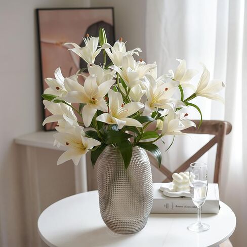 ASTRYAS 18 Heads Artifical Tiger Lily Flowers, Long Stem Fake Faux Lilies Flowers Bouquet, Real Touch White Lily Bouquet for Home Hotel Flower Arrangement Party Decor Cemetery(2Packs, White) in Saudi Arabia