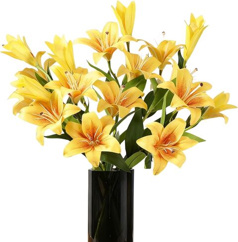 ASTRYAS 18 Heads Artifical Tiger Lily Flowers, Long Stem Fake Faux Lilies Flowers Bouquet, Real Touch White Lily Bouquet for Home Hotel Flower Arrangement Party Decor Cemetery(2Packs, White) in Saudi Arabia