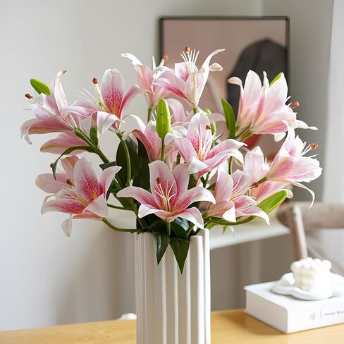 ASTRYAS 18 Heads Artifical Tiger Lily Flowers, Long Stem Fake Faux Lilies Flowers Bouquet, Real Touch White Lily Bouquet for Home Hotel Flower Arrangement Party Decor Cemetery(2Packs, White) in Saudi Arabia